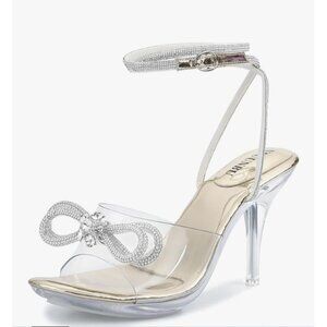 Womens 10.5 Clear High Heels Rhinestone Bow & Ankle Strap Sexy Wedding Party